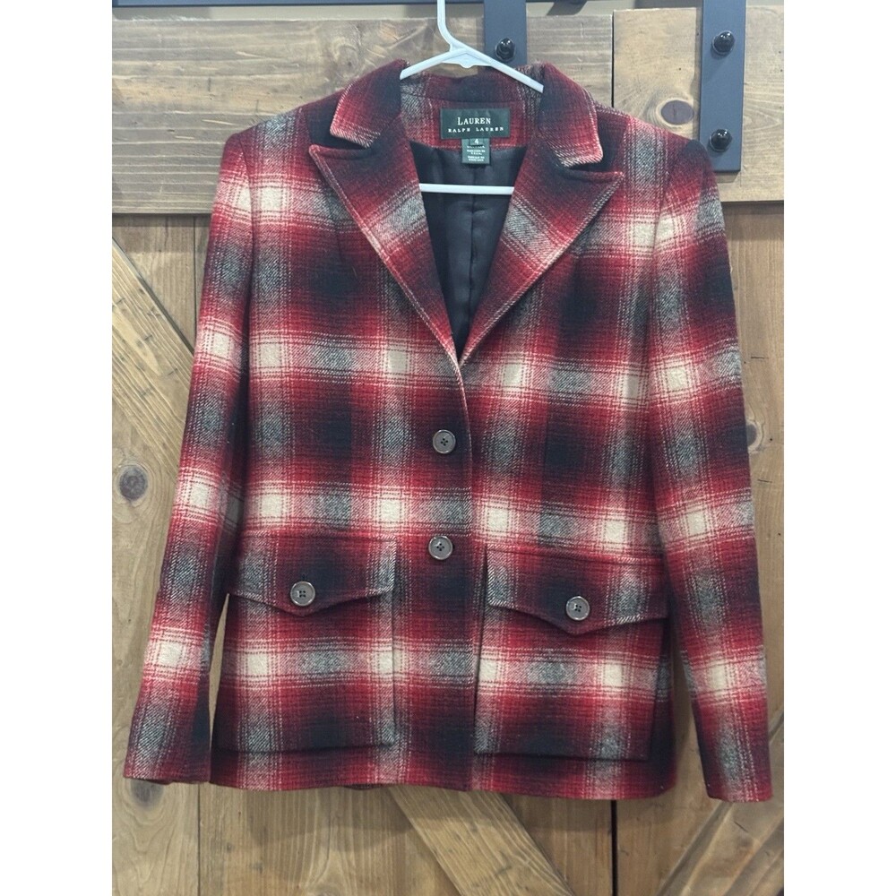 Lauren Ralph Lauren Vintage Black & Red Plaid Wool Blazer Women's Sz 4 Made USA